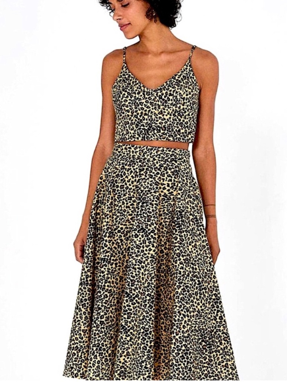 FARM Rio Leopard-Print A-Line Midi Skirt in Tan/Gold/Black, size Small